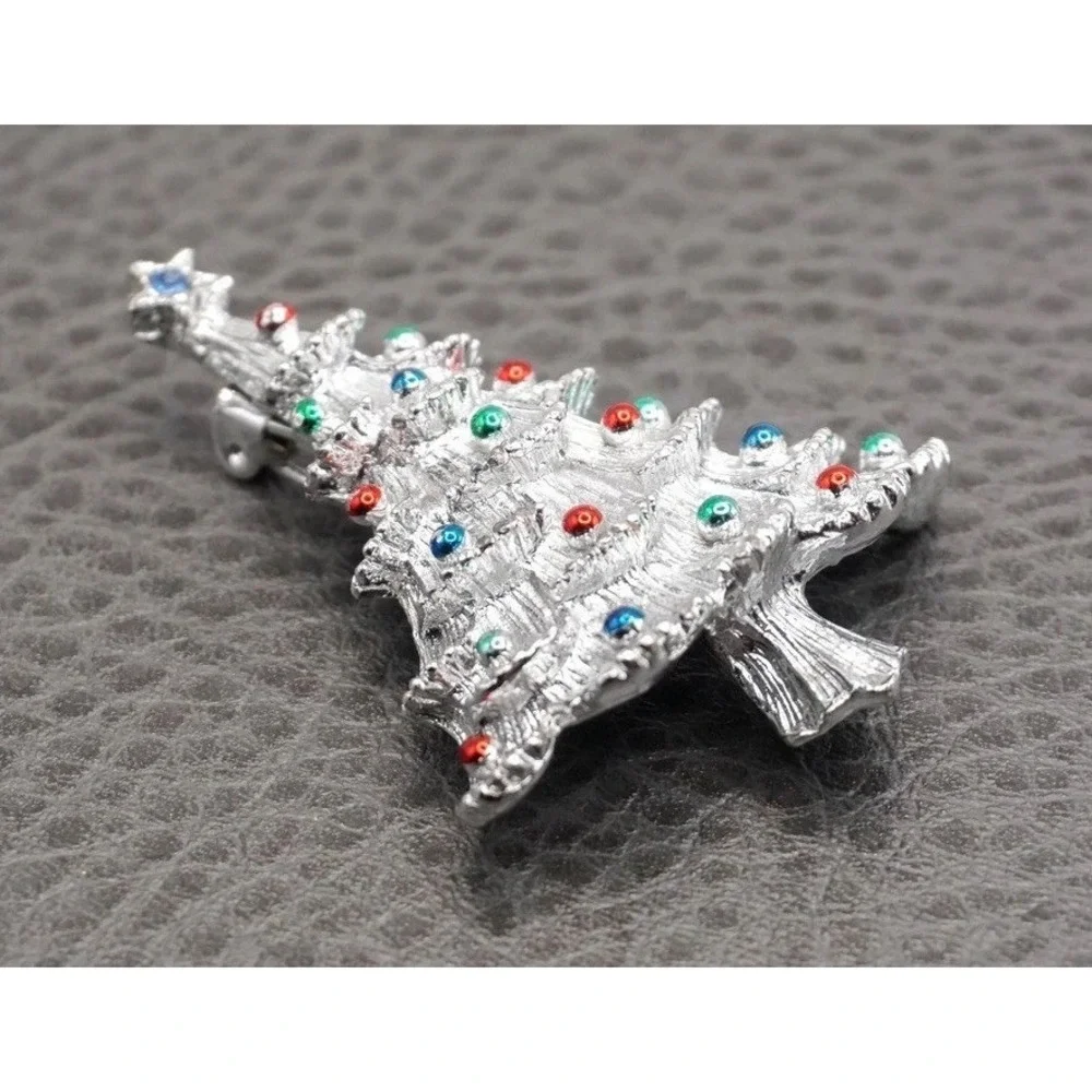 Vintage Christmas Tree Brooch Rhinestone Red Green Blue Silver Tone MCM Retro